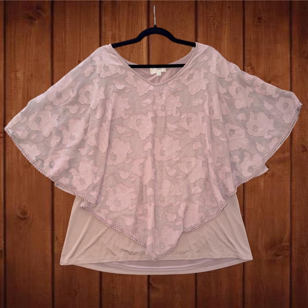 Shannon Ford New York 1X Mauve Floral Chiffon Cape Overlay Blouse